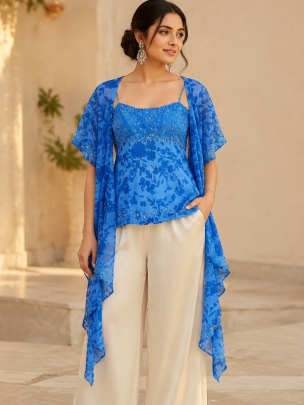 Sani Women's Blue Floral Two Piece Cami and Shawl Set Top Size XS 57023